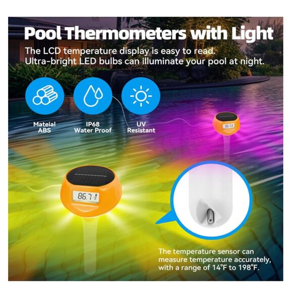Pool Thermometer Floating Easy Read, Solar Digital Led Light and Backlit Display - Picture 2 of 6